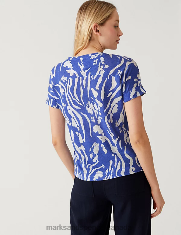 Women Bright Blue Mix Clothing Marks & Spencer Linen Rich Printed T-Shirt 20VTD3036 - Marks and Spencer Canada locations