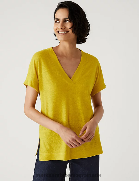 Marks and Spencer near me - Women Bright Yellow Clothing Marks & Spencer Linen Rich Regular Fit T-Shirt 20VTD2815