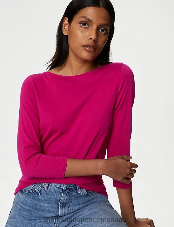 Marks and Spencer sale - Women Cerise Clothing Marks & Spencer Cotton Rich Slim Fit 3/4 Sleeve T-Shirt 20VTD1218