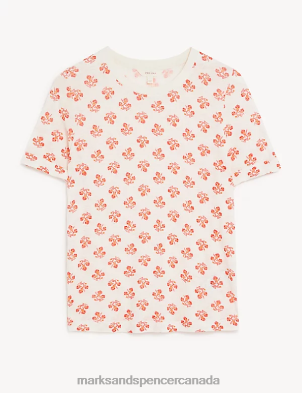Women Cream Mix Clothing Marks & Spencer Linen Blend Geometric Short Sleeve T-Shirt 20VTD2210 - Marks and Spencer outlet