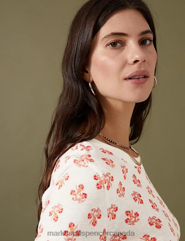 Women Cream Mix Clothing Marks & Spencer Linen Blend Geometric Short Sleeve T-Shirt 20VTD2210 - Marks and Spencer outlet