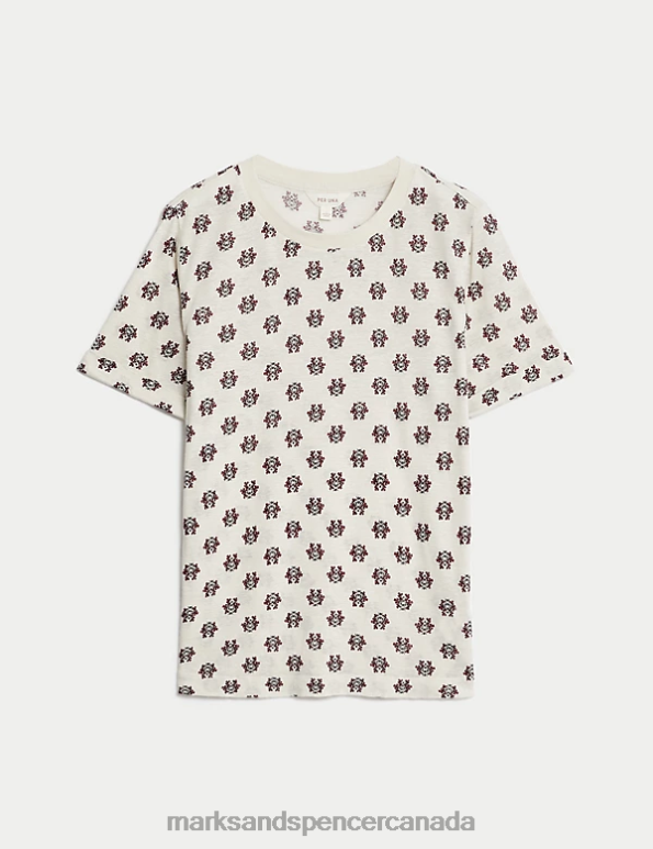 Women Ecru Clothing Marks & Spencer Linen Blend Geometric Short Sleeve T-Shirt 20VTD2560 - Marks and Spencer online