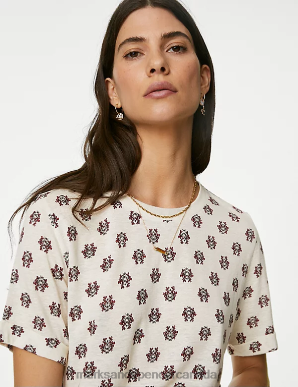 Women Ecru Clothing Marks & Spencer Linen Blend Geometric Short Sleeve T-Shirt 20VTD2560 - Marks and Spencer online