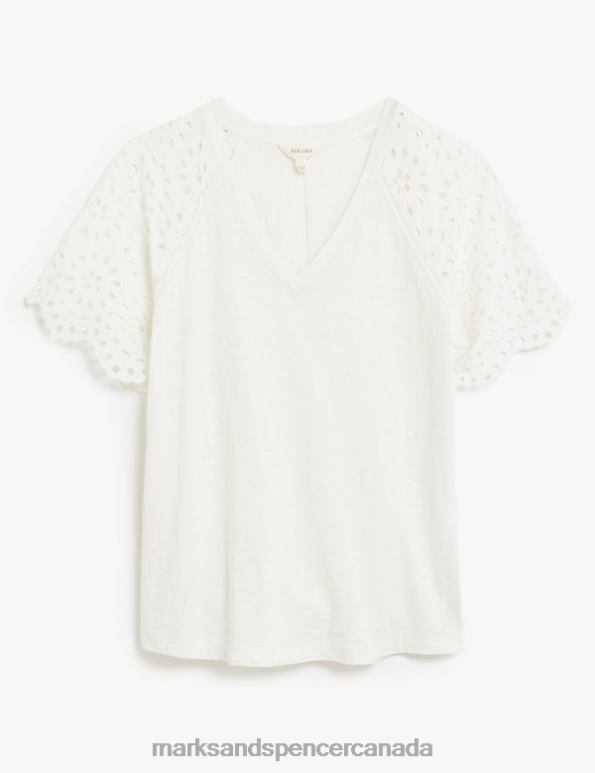 Marks and Spencer near me - Women Ecru Clothing Marks & Spencer Pure Cotton Broderie Detail T-Shirt 20VTD1861