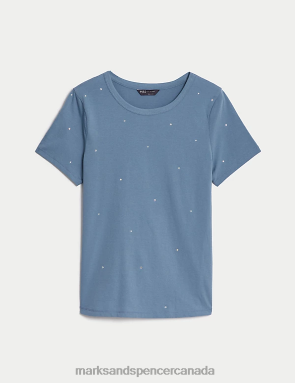 Marks and Spencer Canada - Women Grey Blue Clothing Marks & Spencer Pure Cotton Embellished T-Shirt 20VTD1076