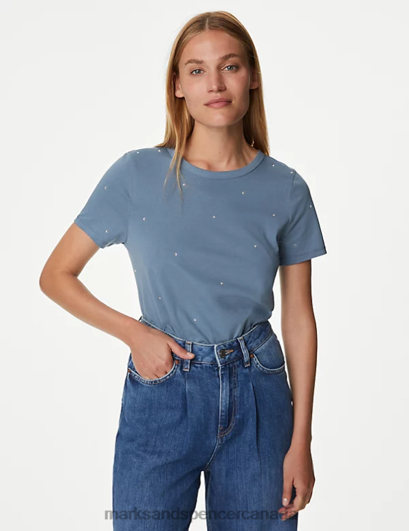 Marks and Spencer Canada - Women Grey Blue Clothing Marks & Spencer Pure Cotton Embellished T-Shirt 20VTD1076