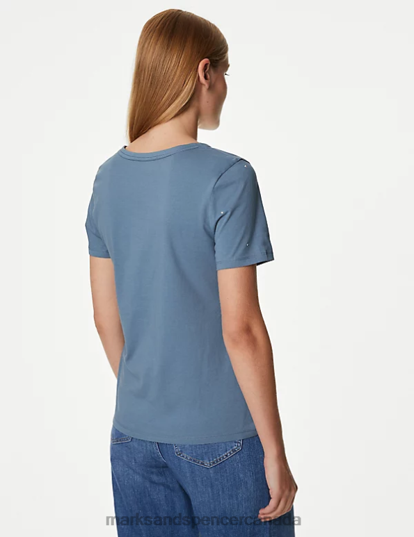 Marks and Spencer Canada - Women Grey Blue Clothing Marks & Spencer Pure Cotton Embellished T-Shirt 20VTD1076
