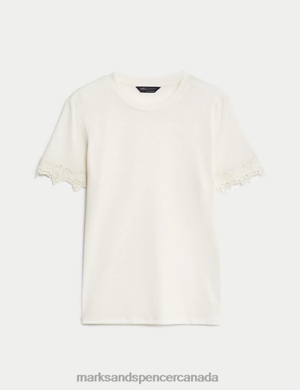 Marks and Spencer sale - Women Ivory Clothing Marks & Spencer Jersey Lace Detail T-Shirt 20VTD206