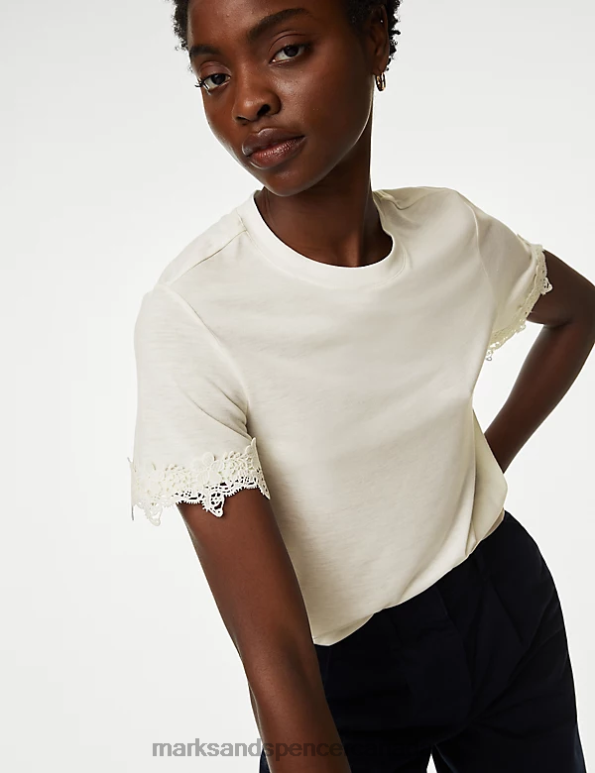 Marks and Spencer sale - Women Ivory Clothing Marks & Spencer Jersey Lace Detail T-Shirt 20VTD206