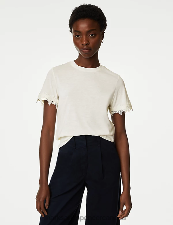 Marks and Spencer sale - Women Ivory Clothing Marks & Spencer Jersey Lace Detail T-Shirt 20VTD206
