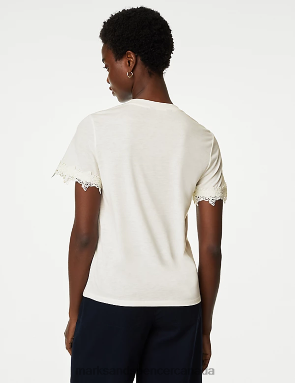 Marks and Spencer sale - Women Ivory Clothing Marks & Spencer Jersey Lace Detail T-Shirt 20VTD206