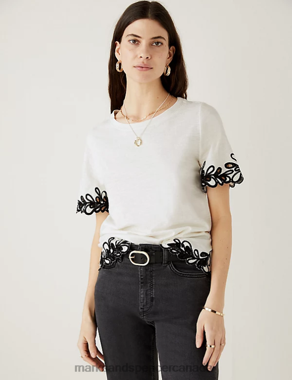 Women Ivory Clothing Marks & Spencer Pure Cotton Embroidered T-Shirt 20VTD3032 - Marks and Spencer online