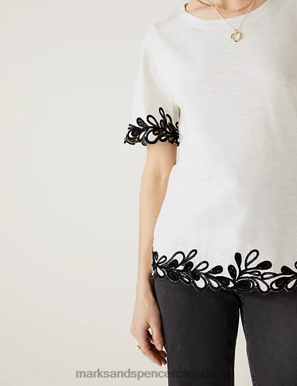 Women Ivory Clothing Marks & Spencer Pure Cotton Embroidered T-Shirt 20VTD3032 - Marks and Spencer online