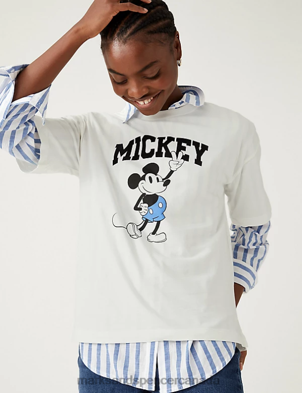 Women Ivory Mix Clothing Marks & Spencer Pure Cotton Mickey Mouse Oversized T-Shirt 20VTD986 - Marks and Spencer online