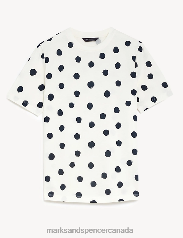 Women Ivory Mix Clothing Marks & Spencer Pure Cotton Printed Everyday Fit T-Shirt 20VTD2395 - Marks and Spencer online
