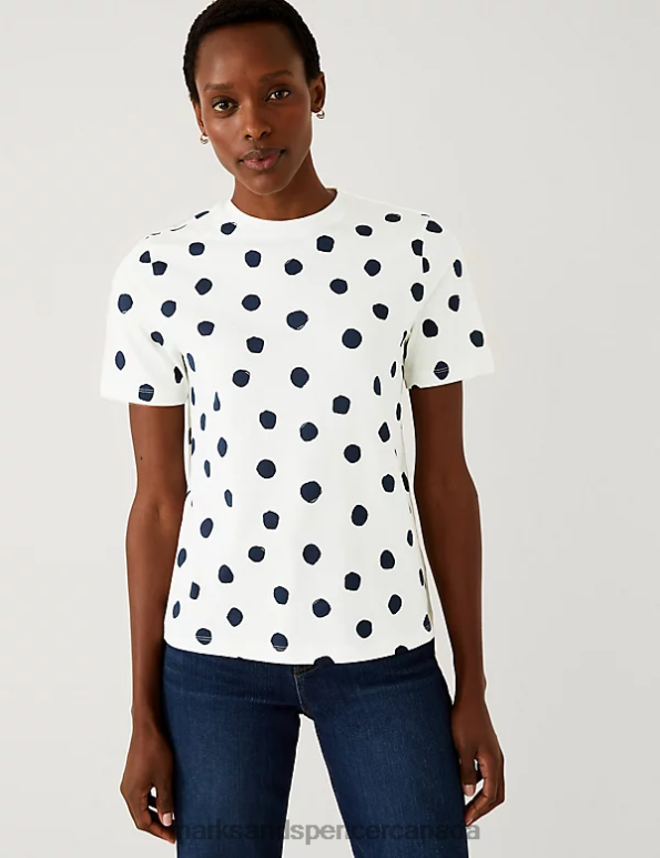 Women Ivory Mix Clothing Marks & Spencer Pure Cotton Printed Everyday Fit T-Shirt 20VTD2395 - Marks and Spencer online