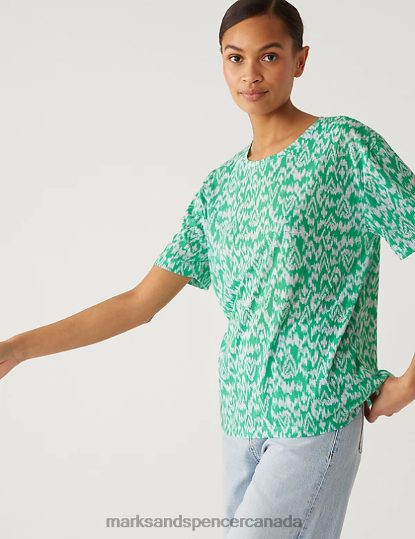 Marks and Spencer sale - Women Light Green Mix Clothing Marks & Spencer Printed Crew Neck Relaxed T-Shirt 20VTD963