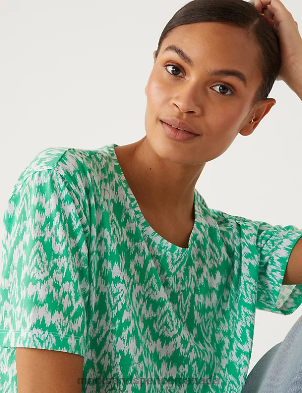 Marks and Spencer sale - Women Light Green Mix Clothing Marks & Spencer Printed Crew Neck Relaxed T-Shirt 20VTD963