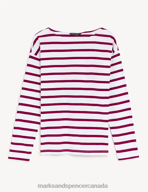 Marks and Spencer near me - Women Magenta Mix Clothing Marks & Spencer Pure Cotton Striped Top 20VTD185