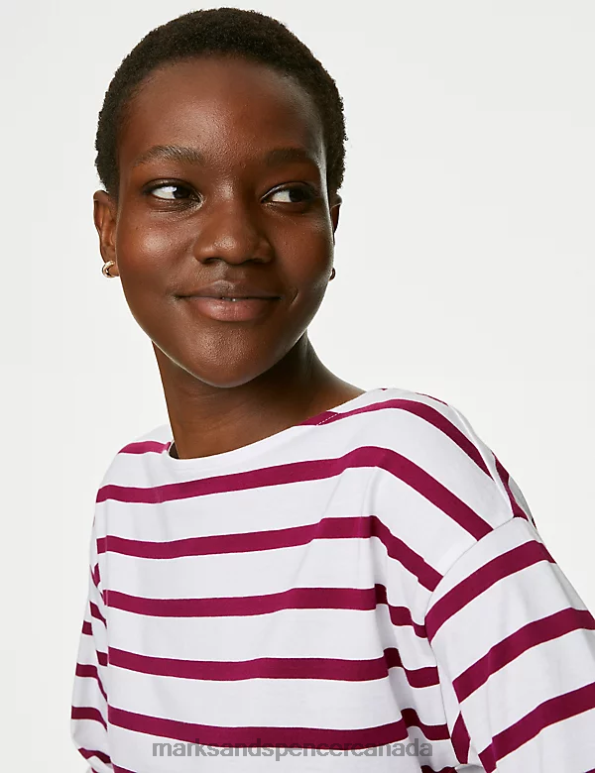 Marks and Spencer near me - Women Magenta Mix Clothing Marks & Spencer Pure Cotton Striped Top 20VTD185