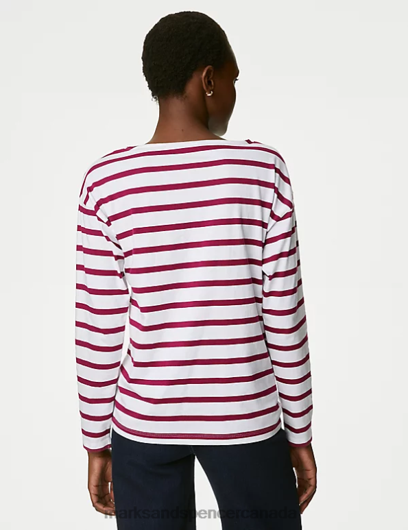 Marks and Spencer near me - Women Magenta Mix Clothing Marks & Spencer Pure Cotton Striped Top 20VTD185