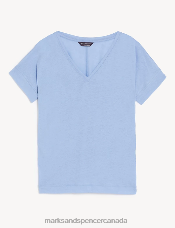 Women Medium Blue Clothing Marks & Spencer Linen Rich V-Neck T-Shirt 20VTD1802 - Marks and Spencer Canada locations