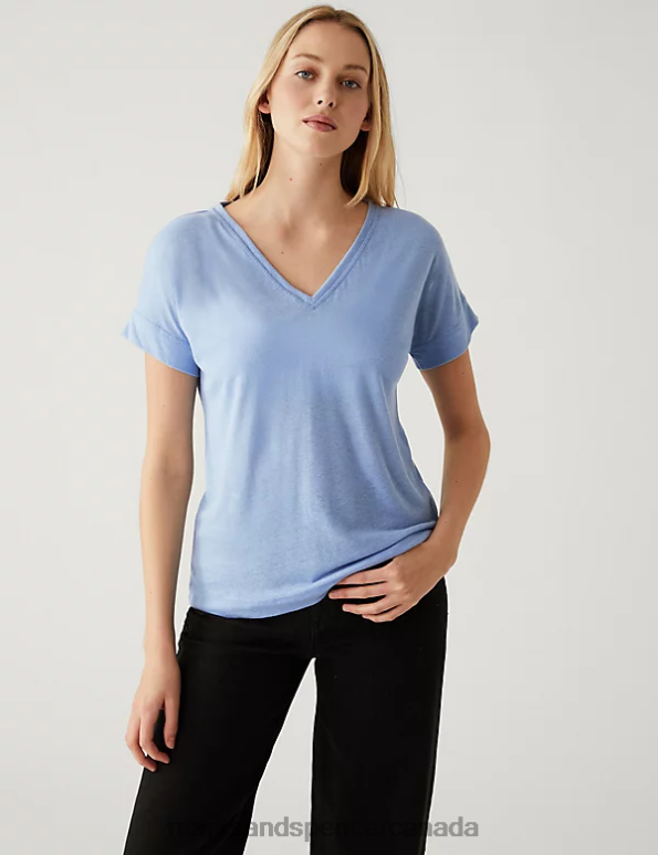 Women Medium Blue Clothing Marks & Spencer Linen Rich V-Neck T-Shirt 20VTD1802 - Marks and Spencer Canada locations