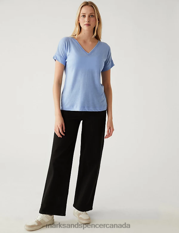 Women Medium Blue Clothing Marks & Spencer Linen Rich V-Neck T-Shirt 20VTD1802 - Marks and Spencer Canada locations