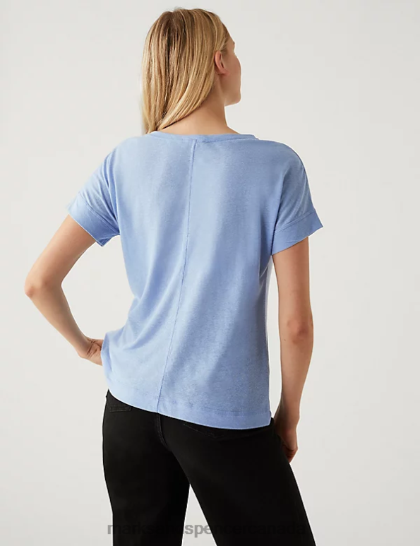 Women Medium Blue Clothing Marks & Spencer Linen Rich V-Neck T-Shirt 20VTD1802 - Marks and Spencer Canada locations