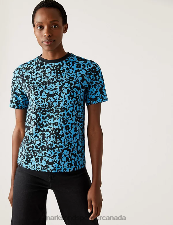 Marks and Spencer sale - Women Medium Blue Mix Clothing Marks & Spencer Pure Cotton Printed Everyday Fit T-Shirt 20VTD2394