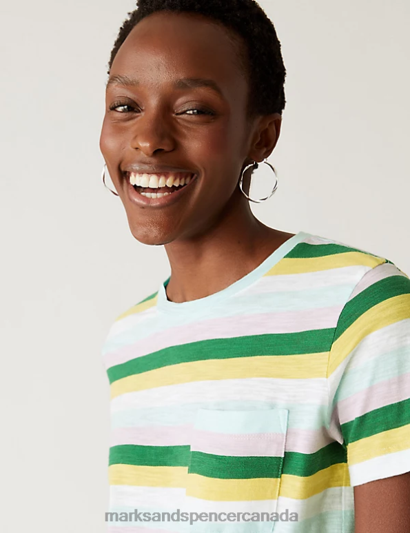 Women Multi Clothing Marks & Spencer Pure Cotton Striped Pocket T-Shirt 20VTD2066 - Marks and Spencer online