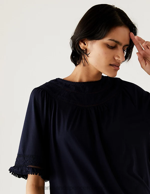 Marks and Spencer near me - Women Navy Clothing Marks & Spencer Jersey Lace Insert Top 20VTD1274