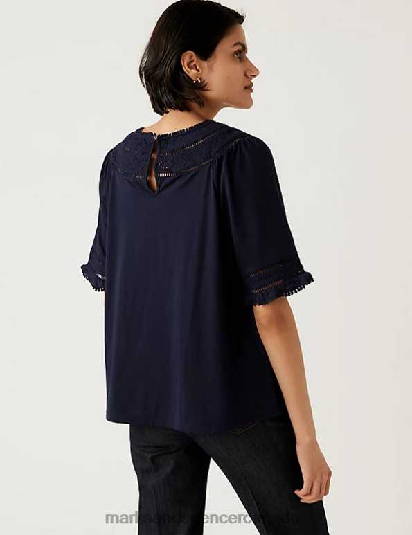 Marks and Spencer near me - Women Navy Clothing Marks & Spencer Jersey Lace Insert Top 20VTD1274