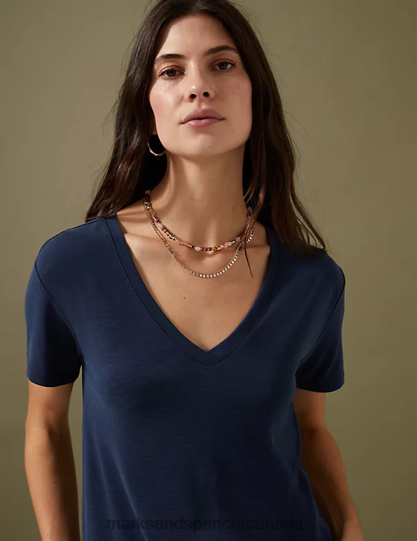 Women Navy Clothing Marks & Spencer Modal Rich V-Neck T-Shirt 20VTD2673 - Marks and Spencer Canada locations