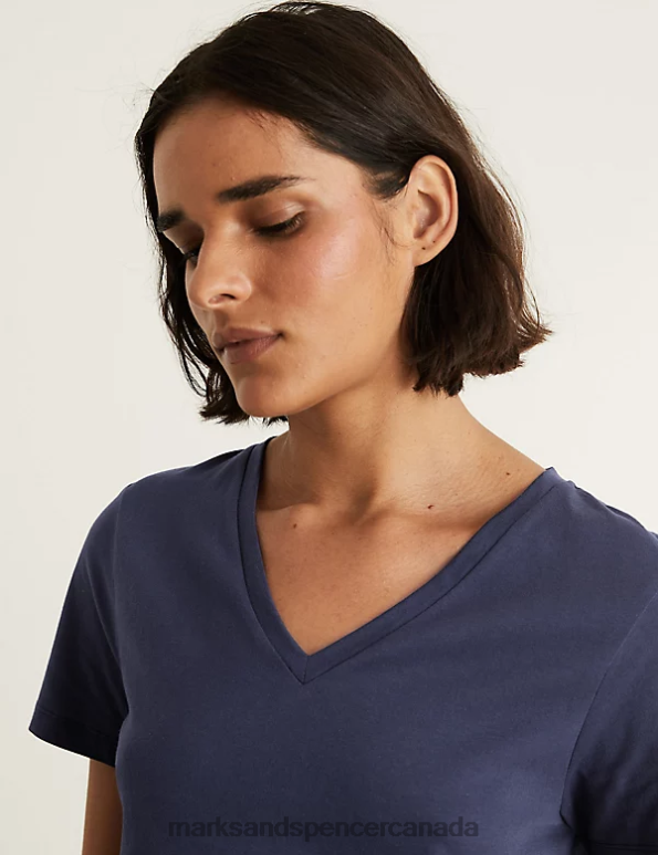 Marks and Spencer Canada - Women Navy Clothing Marks & Spencer Pure Cotton V-Neck T-Shirt 20VTD2419
