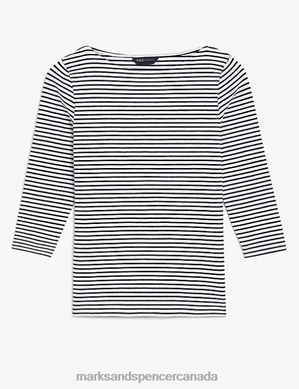 Women Navy Mix Clothing Marks & Spencer Cotton Rich Striped Slim Fit T-Shirt 20VTD991 - Marks and Spencer Canada locations