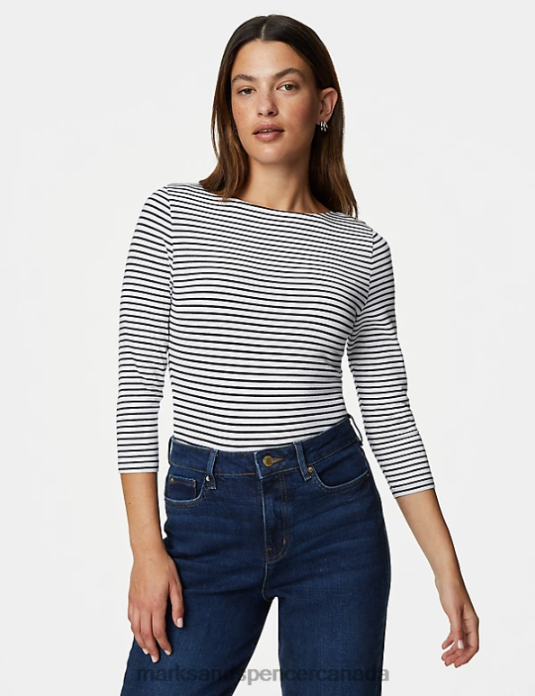 Women Navy Mix Clothing Marks & Spencer Cotton Rich Striped Slim Fit T-Shirt 20VTD991 - Marks and Spencer Canada locations