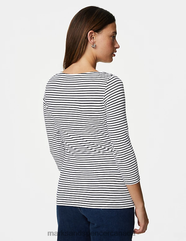 Women Navy Mix Clothing Marks & Spencer Cotton Rich Striped Slim Fit T-Shirt 20VTD991 - Marks and Spencer Canada locations