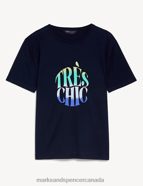Women Navy Mix Clothing Marks & Spencer Printed Crew Neck Relaxed T-Shirt 20VTD1323 - Marks and Spencer Canada locations