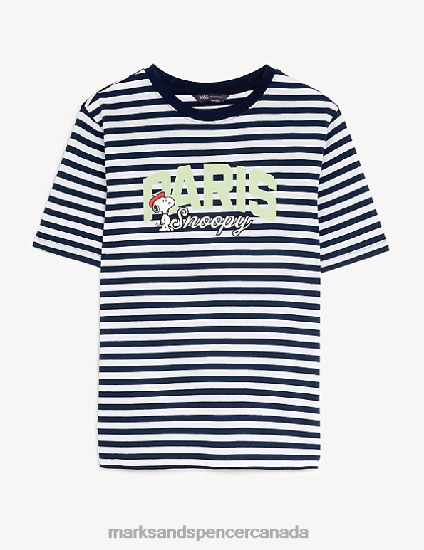 Women Navy Mix Clothing Marks & Spencer Pure Cotton Snoopy Striped T-Shirt 20VTD2721 - Marks and Spencer Canada locations