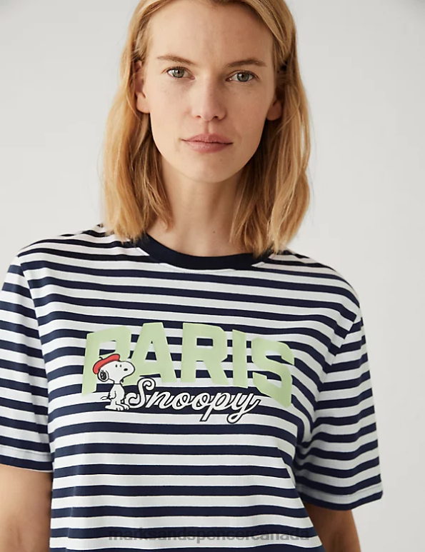 Women Navy Mix Clothing Marks & Spencer Pure Cotton Snoopy Striped T-Shirt 20VTD2721 - Marks and Spencer Canada locations