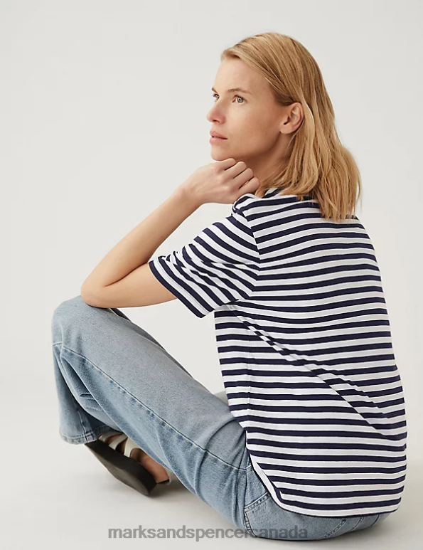 Women Navy Mix Clothing Marks & Spencer Pure Cotton Snoopy Striped T-Shirt 20VTD2721 - Marks and Spencer Canada locations