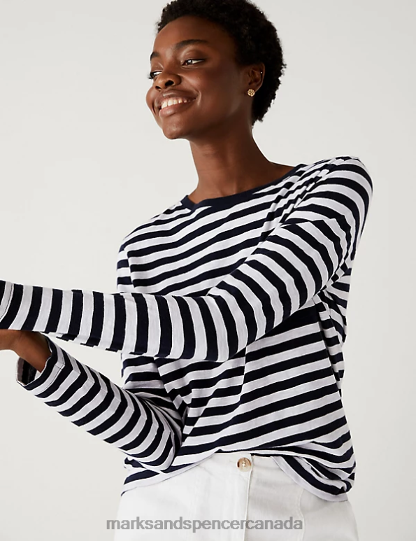 Marks and Spencer near me - Women Navy Mix Clothing Marks & Spencer Pure Cotton Striped Pocket T-Shirt 20VTD2617