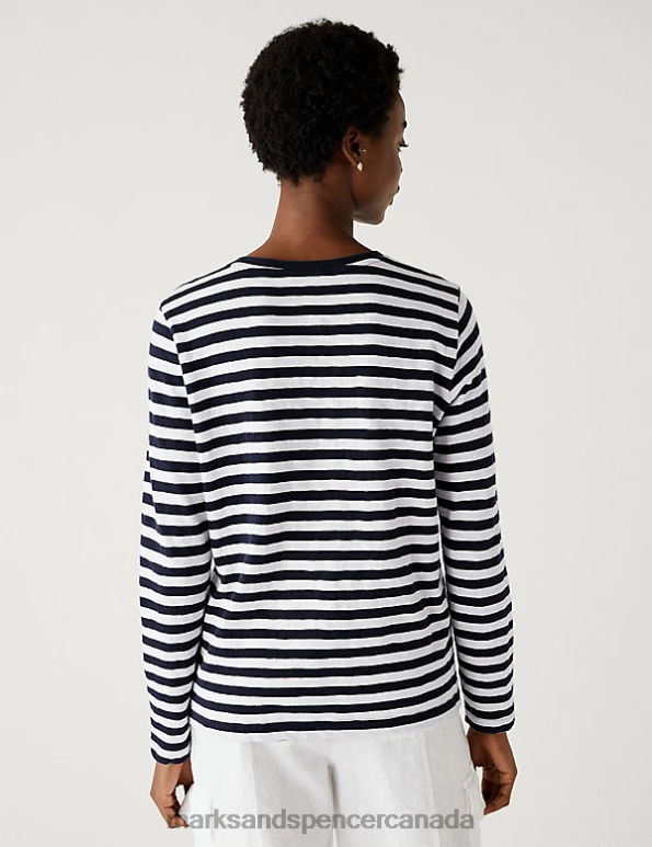 Marks and Spencer near me - Women Navy Mix Clothing Marks & Spencer Pure Cotton Striped Pocket T-Shirt 20VTD2617