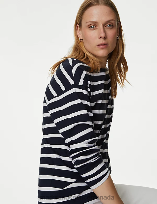 Marks and Spencer Canada - Women Navy Mix Clothing Marks & Spencer Pure Cotton Striped Top 20VTD507
