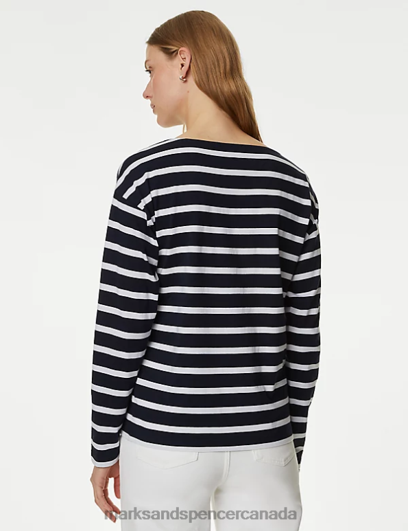 Marks and Spencer Canada - Women Navy Mix Clothing Marks & Spencer Pure Cotton Striped Top 20VTD507