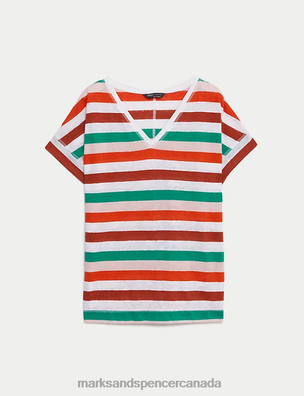 Marks and Spencer near me - Women Orange Mix Clothing Marks & Spencer Linen Rich Striped V-Neck T-Shirt 20VTD2505