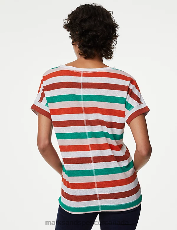 Marks and Spencer near me - Women Orange Mix Clothing Marks & Spencer Linen Rich Striped V-Neck T-Shirt 20VTD2505