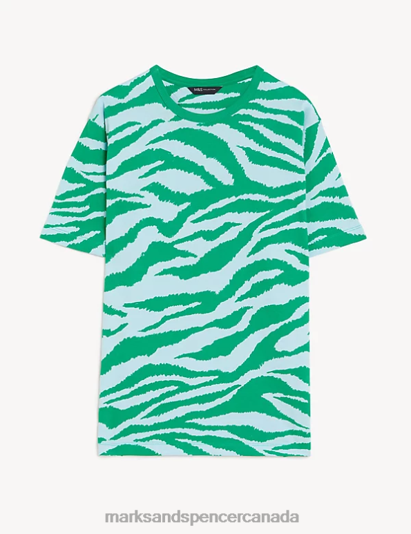 Women Pale Blue Mix Clothing Marks & Spencer Pure Cotton Printed Oversized T-Shirt 20VTD2852 - Marks and Spencer outlet