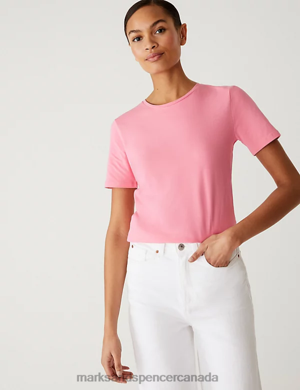 Marks and Spencer sale - Women Petal Pink Clothing Marks & Spencer Cotton Rich Slim Fit T-Shirt 20VTD1809